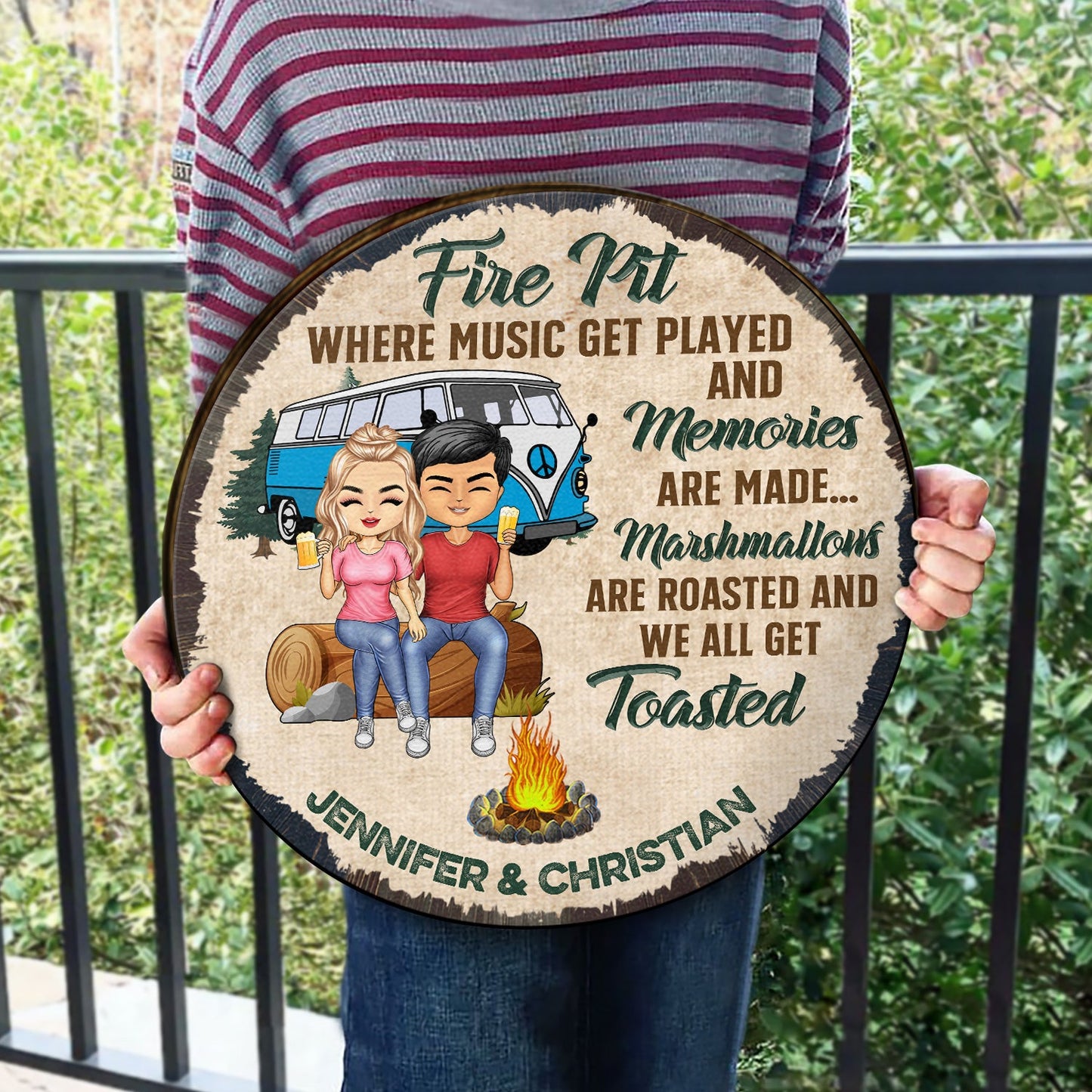 Husband And Wife Camping Partner For Life - Couple Gift - Personalized Custom Wood Circle Sign