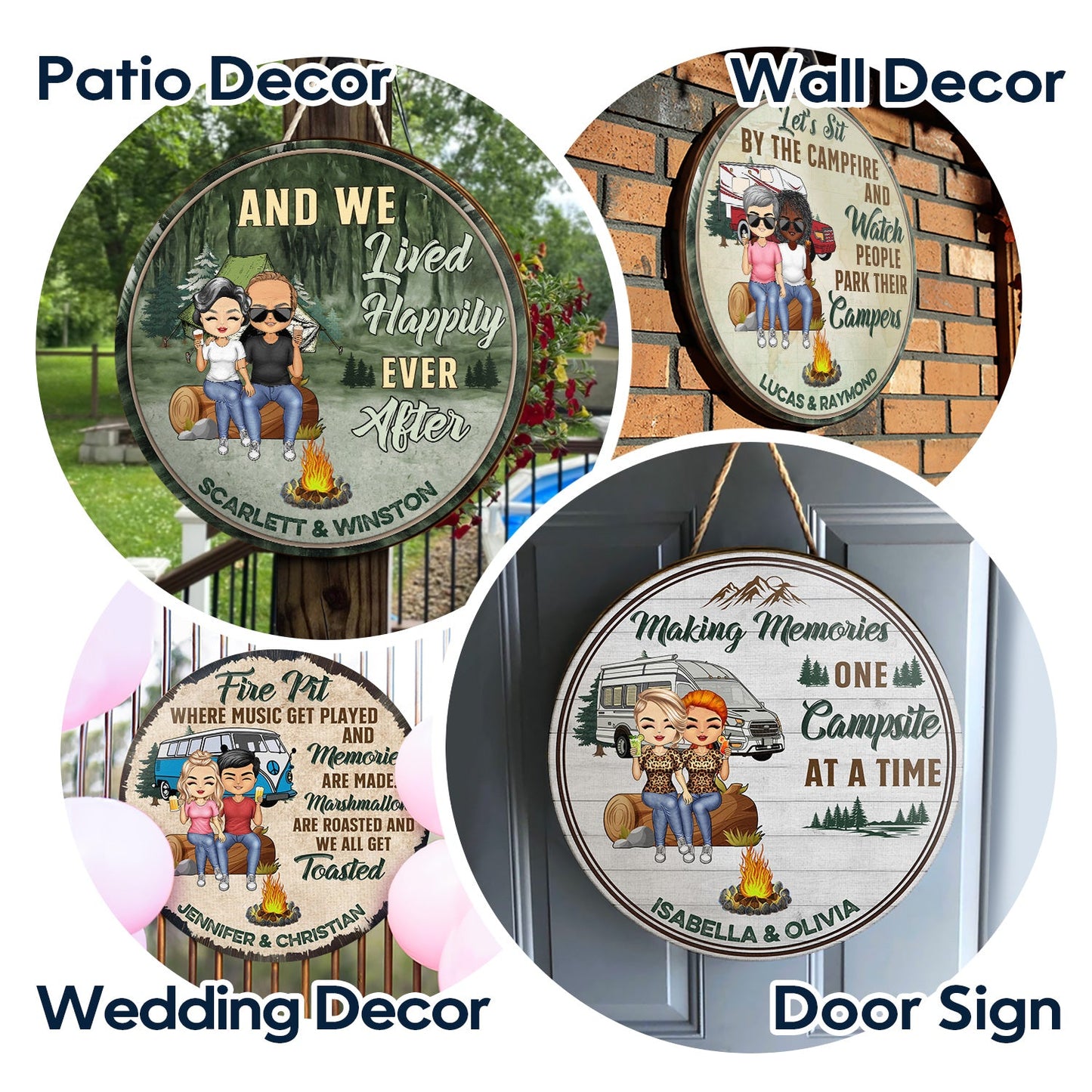 Husband And Wife Camping Partner For Life - Couple Gift - Personalized Custom Wood Circle Sign