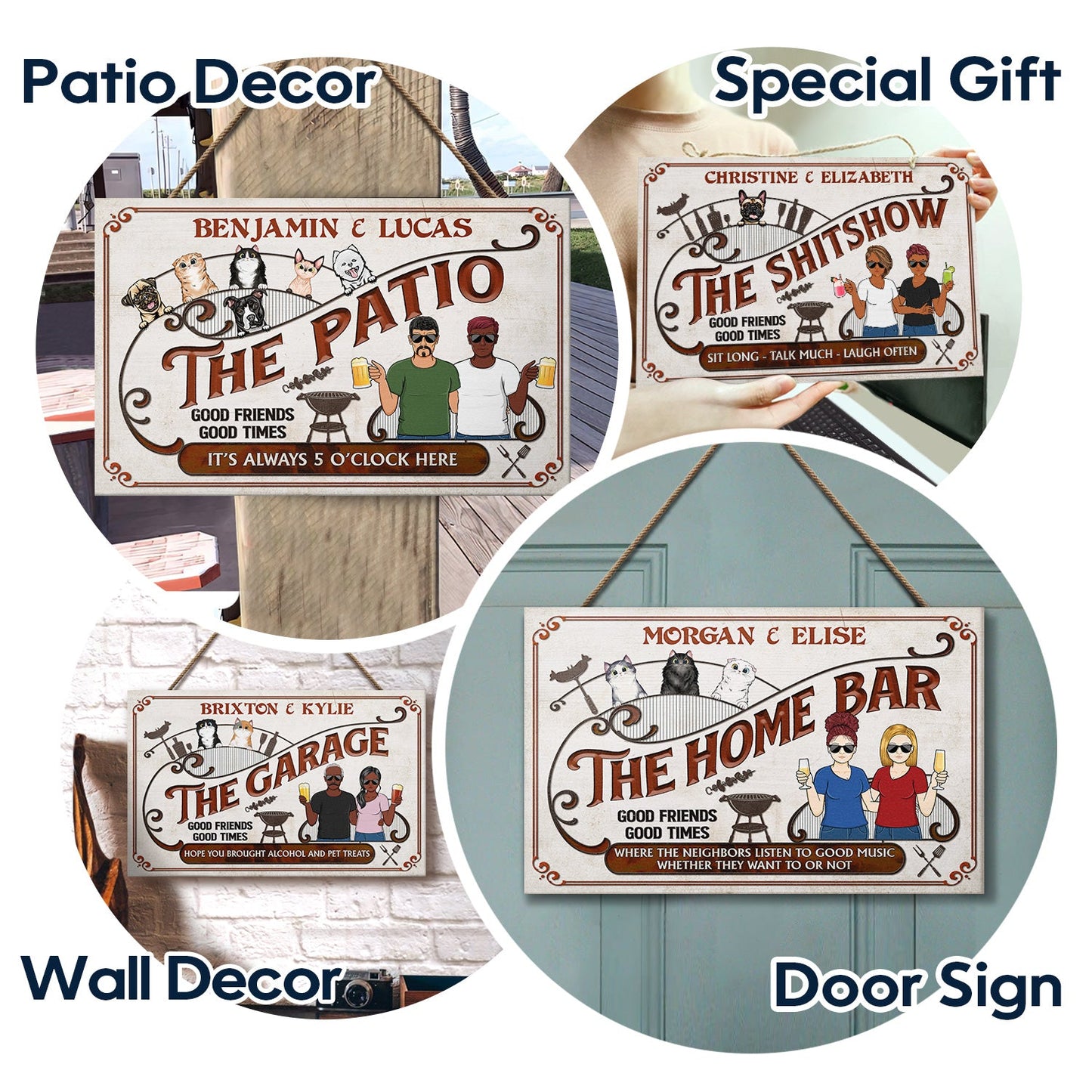 Grilling Proudly Serving Whatever You Bring - Cat, Dog Lover Couple Door Sign - Personalized Custom Wood Rectangle Sign