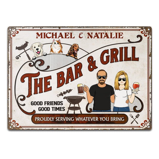 Grilling Proudly Serving Whatever You Bring - Cat, Dog Lover Couple Door Sign - Personalized Custom Classic Metal Signs