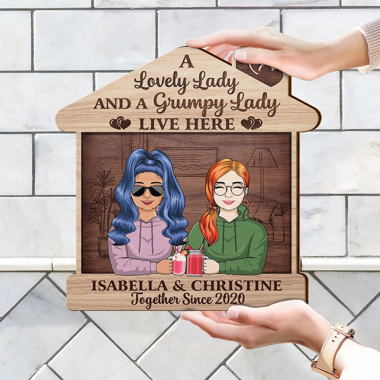 Family Couple A Lovely Lady And A Grumpy Old Man Live Here - Gift For Couples - Personalized Custom Shaped Wood Sign