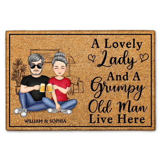 A Lovely Lady And A Grumpy Old Man Live Here Family - Anniversary, Birthday, Home Decor Gift For Spouse, Lover, Husband, Wife, Boyfriend, Girlfriend, Couple - Personalized Custom Doormat