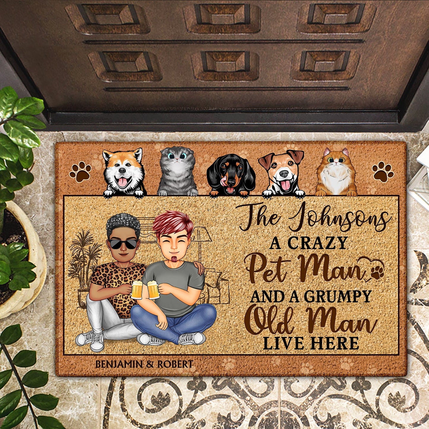 Crazy Dog Lady And Grumpy Old Man Live Here - Anniversary, Birthday, Home Decor Gift For Husband, Wife, Family, Couple, Dog Lovers - Personalized Custom Doormat