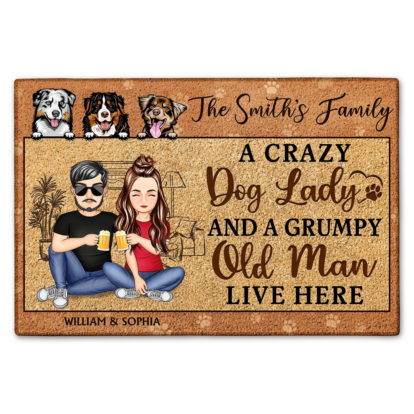 Crazy Dog Lady And Grumpy Old Man Live Here - Anniversary, Birthday, Home Decor Gift For Husband, Wife, Family, Couple, Dog Lovers - Personalized Custom Doormat