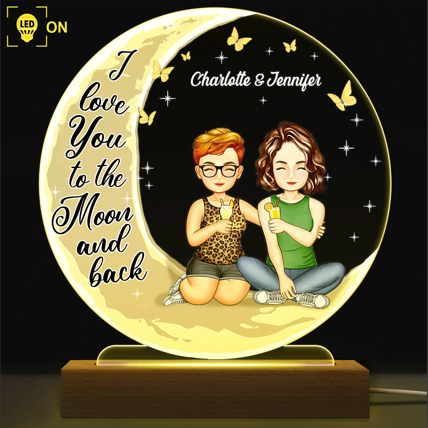 I Love You To The Moon And Back - Anniversary, Birthday Gift For Spouse, Lover, Husband, Wife, Boyfriend, Girlfriend, Couple - Personalized Custom 3D Led Light Wooden Base