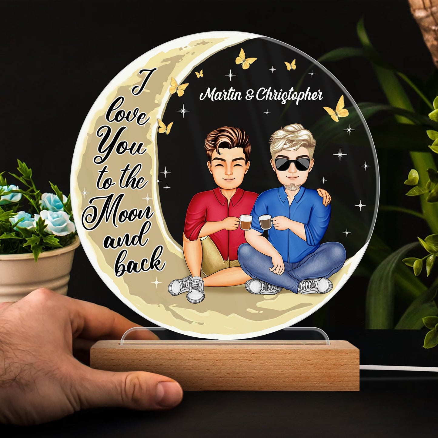 I Love You To The Moon And Back - Anniversary, Birthday Gift For Spouse, Lover, Husband, Wife, Boyfriend, Girlfriend, Couple - Personalized Custom 3D Led Light Wooden Base