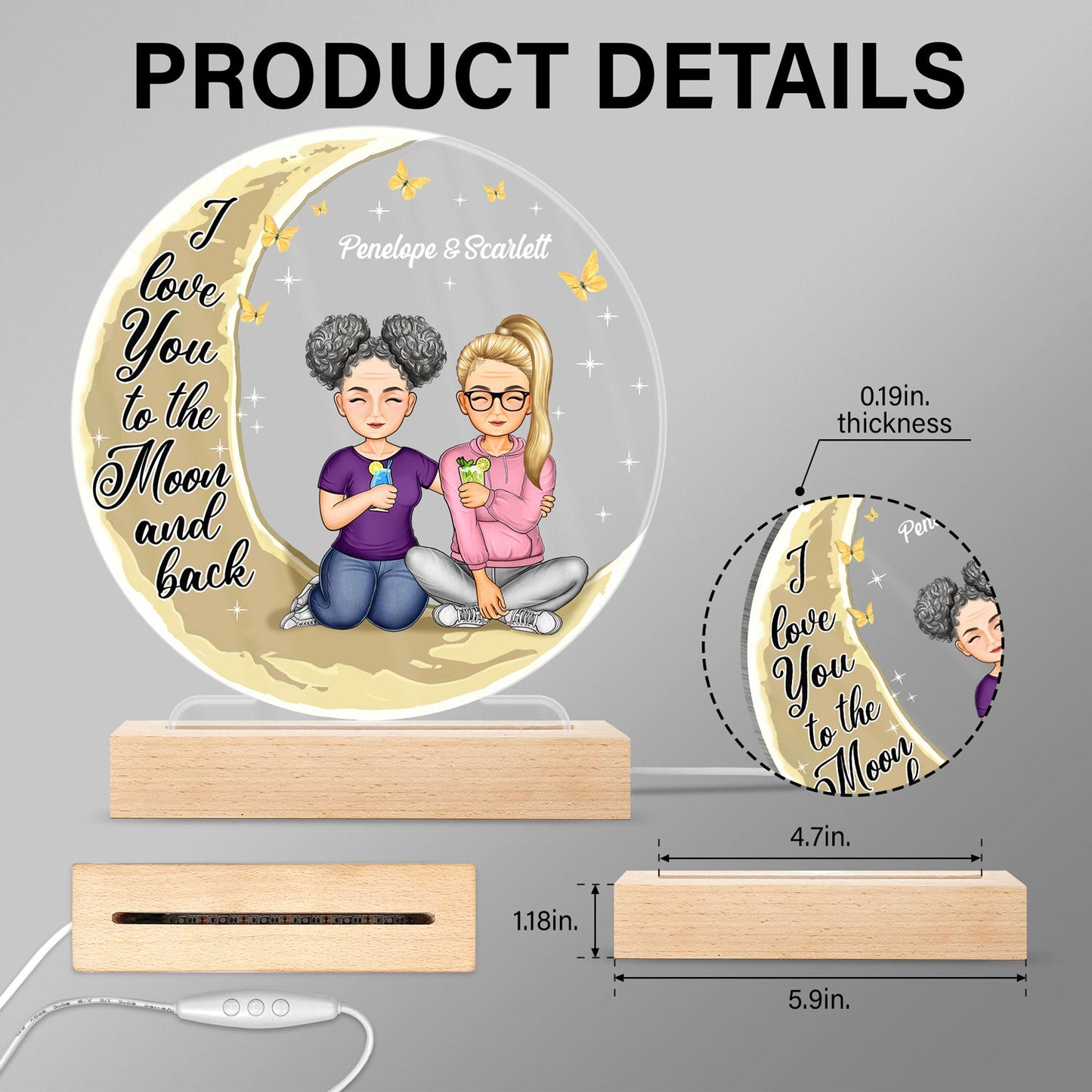 I Love You To The Moon And Back - Anniversary, Birthday Gift For Spouse, Lover, Husband, Wife, Boyfriend, Girlfriend, Couple - Personalized Custom 3D Led Light Wooden Base