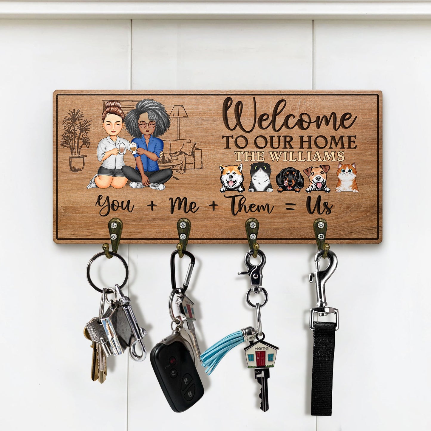 You Me Them Us Dogs Cats Family - Home Decor Gift For Family, Couple, Pet Lovers - Personalized Custom Wood Key Holder