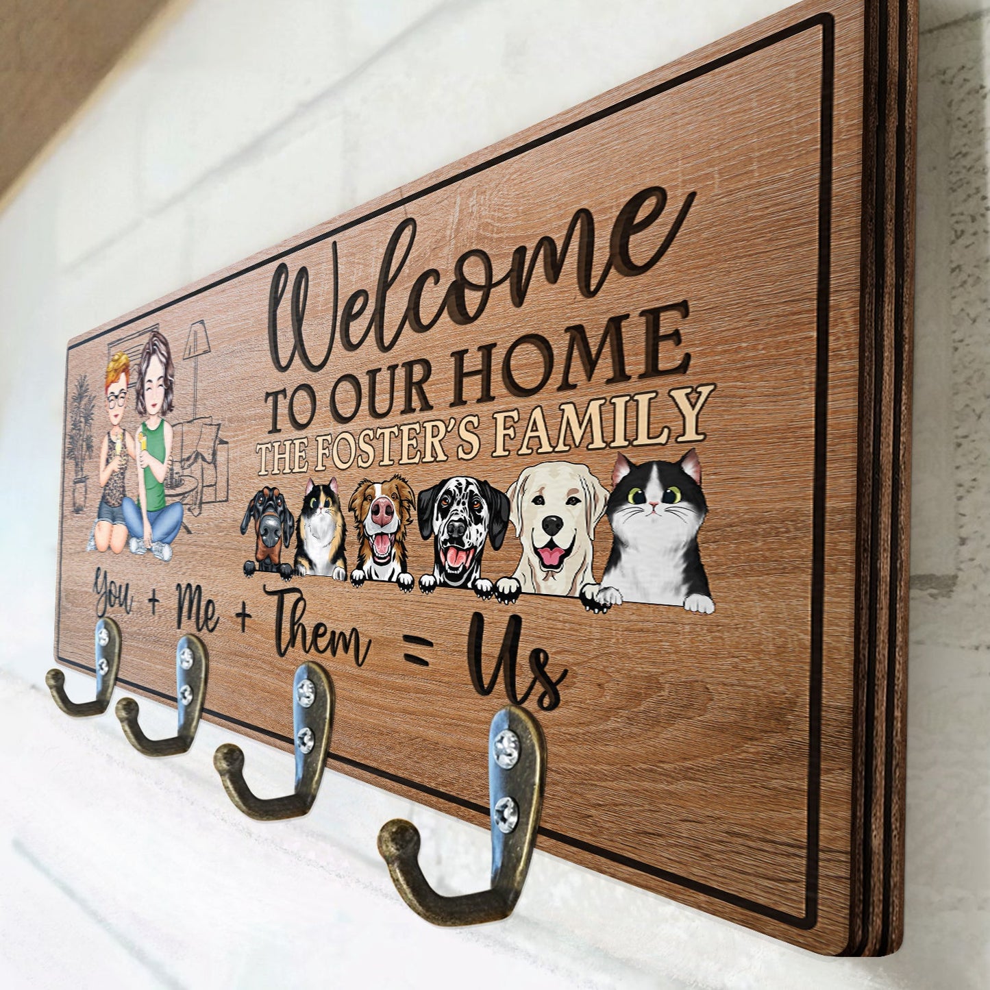 You Me Them Us Dogs Cats Family - Home Decor Gift For Family, Couple, Pet Lovers - Personalized Custom Wood Key Holder