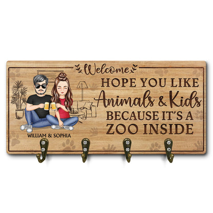 Hope You Like Animals And Kids - Anniversary, Birthday, Home Decor Gift For Spouse, Lover, Husband, Wife, Boyfriend, Girlfriend, Couple - Personalized Custom Wood Key Holder