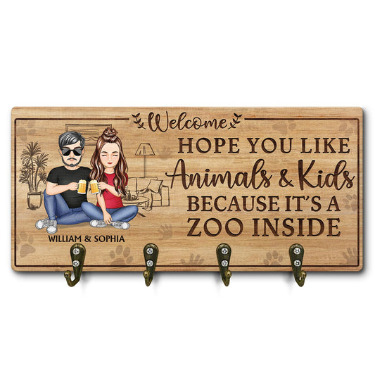 Hope You Like Animals And Kids - Anniversary, Birthday, Home Decor Gift For Spouse, Lover, Husband, Wife, Boyfriend, Girlfriend, Couple - Personalized Custom Wood Key Holder