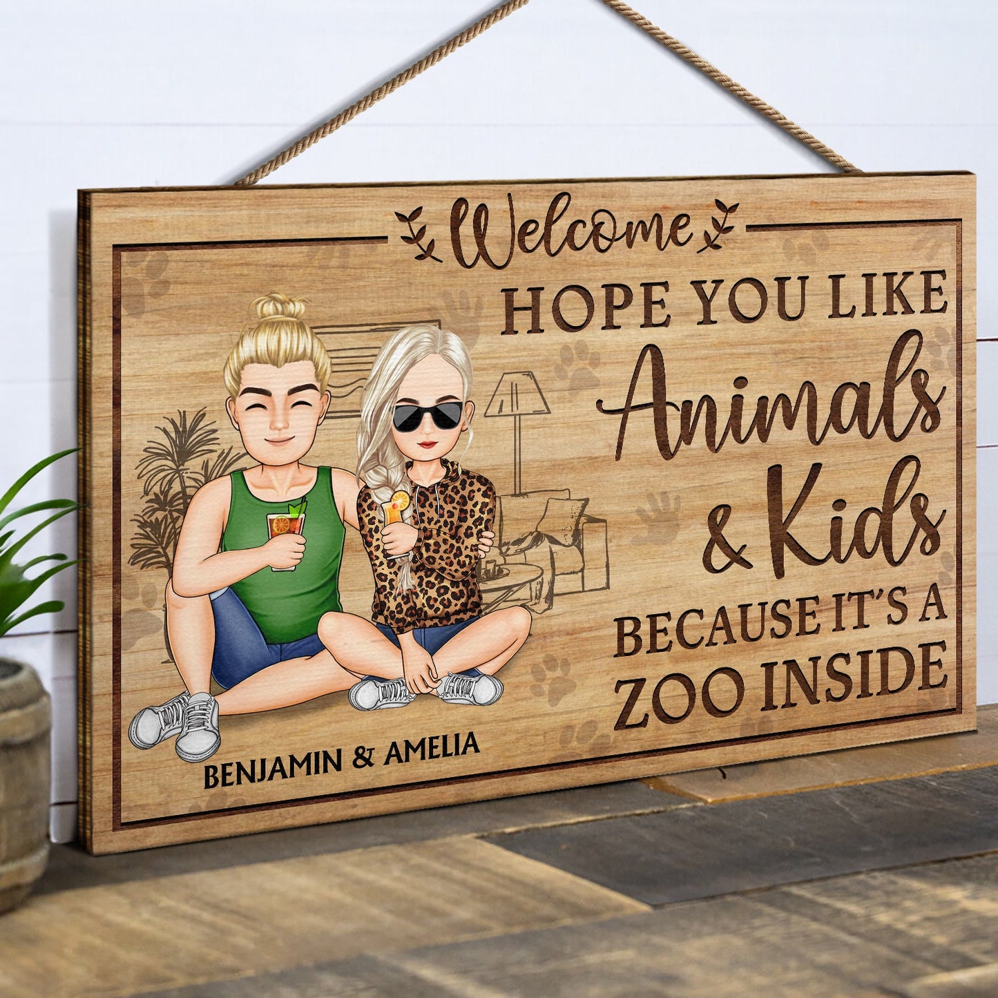 Hope You Like Animals And Kids - Anniversary, Birthday, Home Decor Gift For Spouse, Lover, Husband, Wife, Boyfriend, Girlfriend, Couple - Personalized Custom Wood Rectangle Sign
