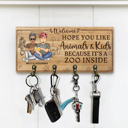 Hope You Like Animals And Kids - Anniversary, Birthday, Home Decor Gift For Spouse, Lover, Husband, Wife, Boyfriend, Girlfriend, Couple - Personalized Custom Wood Key Holder