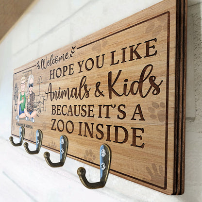 Hope You Like Animals And Kids - Anniversary, Birthday, Home Decor Gift For Spouse, Lover, Husband, Wife, Boyfriend, Girlfriend, Couple - Personalized Custom Wood Key Holder