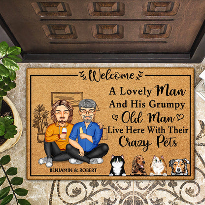 A Lovely Lady And Her Grumpy Old Man Live Here With Their Crazy Dogs Cats - Gift For Family, Couple, Pet Lovers - Personalized Custom Doormat