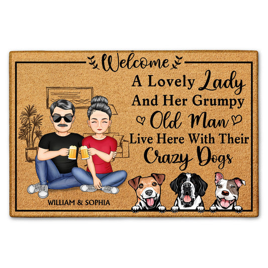 A Lovely Lady And Her Grumpy Old Man Live Here With Their Crazy Dogs Cats - Gift For Family, Couple, Pet Lovers - Personalized Custom Doormat