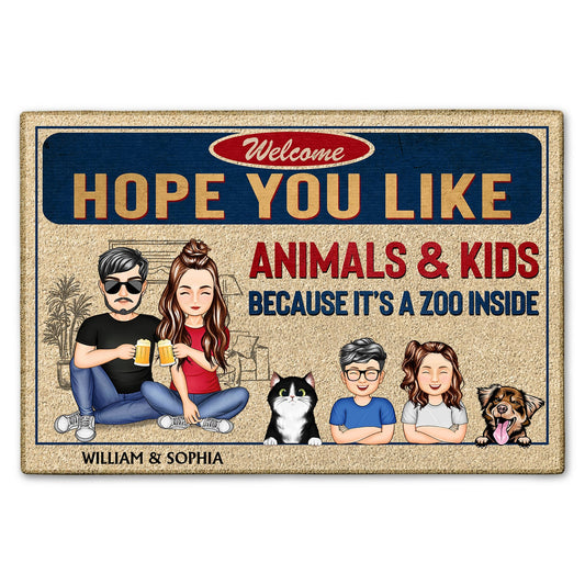 Family Hope You Like Animals And Kids - Anniversary, Birthday, Home Decor Gift For Husband, Wife, Couple, Pet Loves - Personalized Custom Doormat