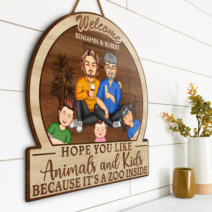 Family Hope You Like Animals And Kids - Anniversary, Birthday, Home Decor Gift For Husband, Wife, Couple Pet Loves - Personalized Custom Shaped Wood Sign