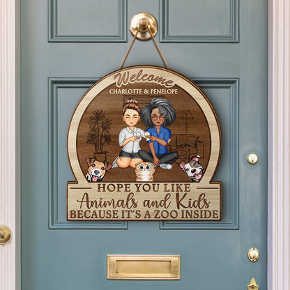 Family Hope You Like Animals And Kids - Anniversary, Birthday, Home Decor Gift For Husband, Wife, Couple Pet Loves - Personalized Custom Shaped Wood Sign