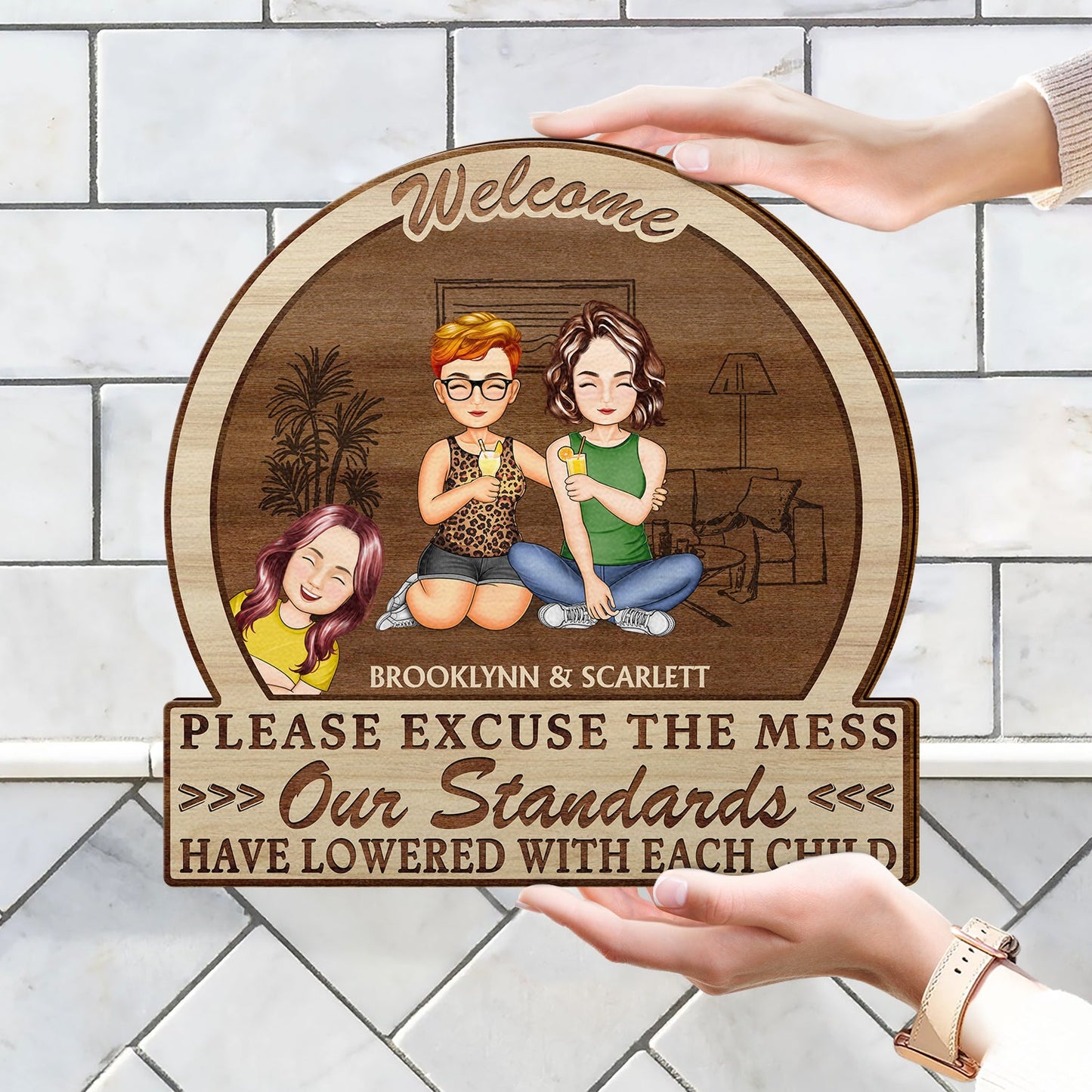 Please Excuse The Mess Our Standards - Anniversary, Birthday, Home Decor Gift For Husband, Wife, Couple Pet Loves - Personalized Custom Shaped Wood Sign