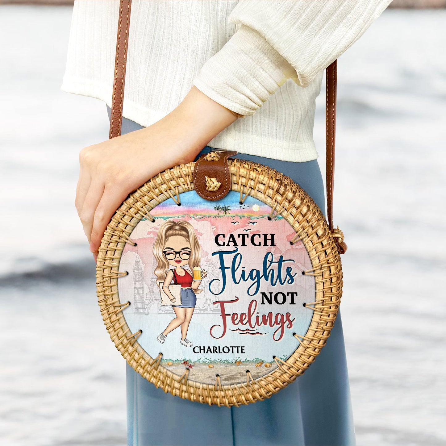 Just A Girl Who Loves Beach Traveling Cruising - Gift For Travel Lovers - Personalized Custom Round Rattan Bag