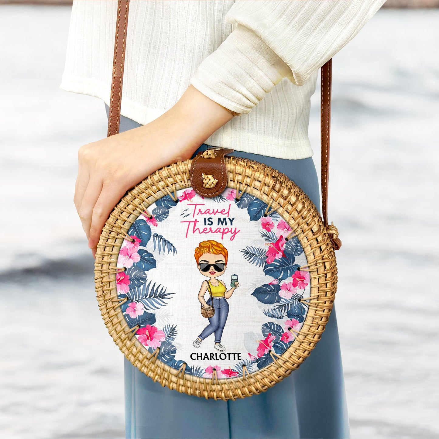 Just Beachy Vacation Mode On - Gift For Her, Travel Lovers - Personalized Custom Round Rattan Bag