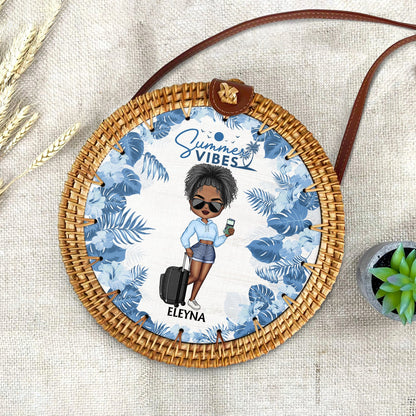 Just Beachy Vacation Mode On - Gift For Her, Travel Lovers - Personalized Custom Round Rattan Bag