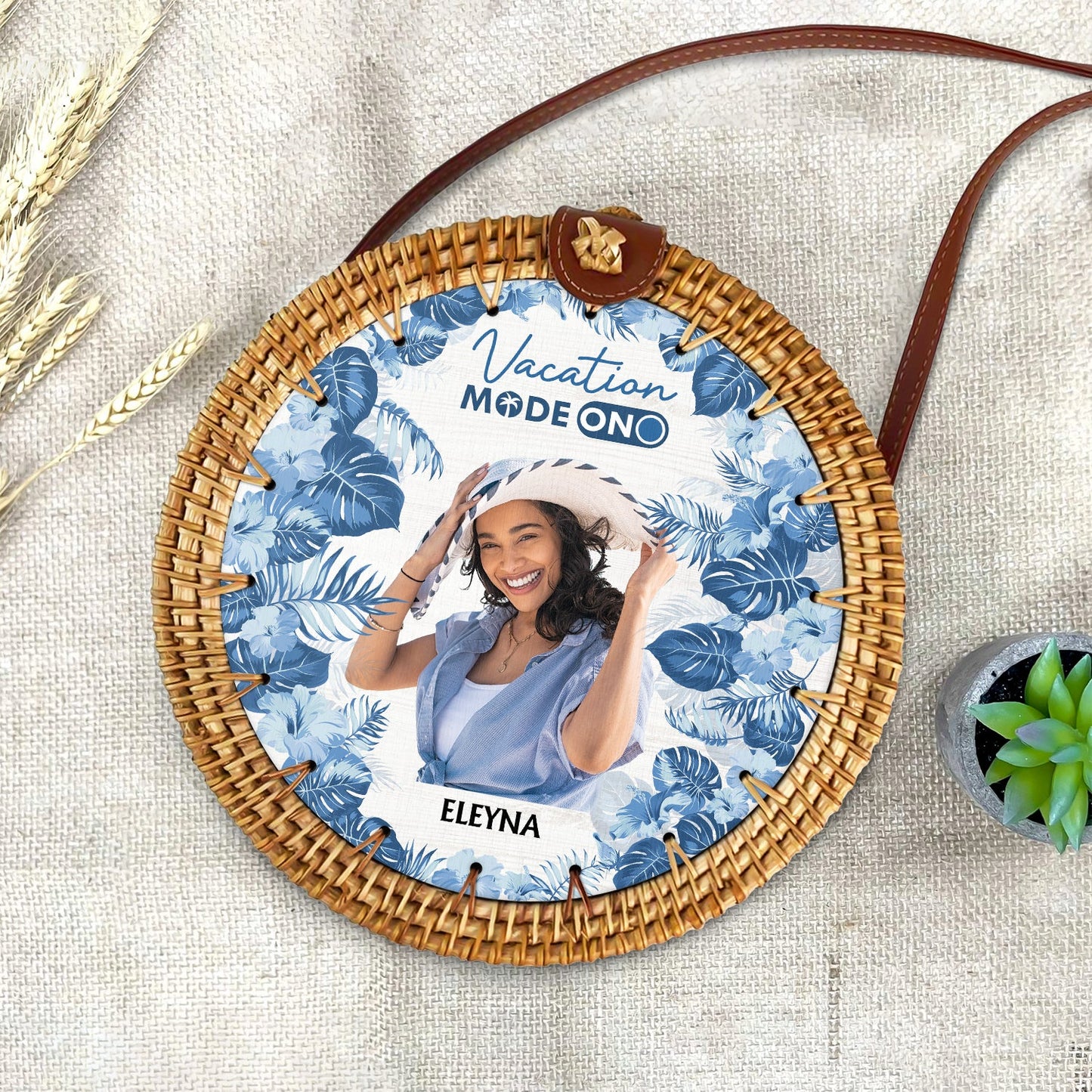 Custom Photo Just Beachy Vacation Mode On - Gift For Her, Travel Lovers - Personalized Custom Round Rattan Bag