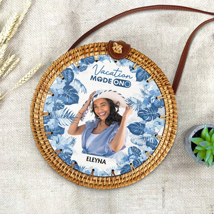 Custom Photo Just Beachy Vacation Mode On - Gift For Her, Travel Lovers - Personalized Custom Round Rattan Bag