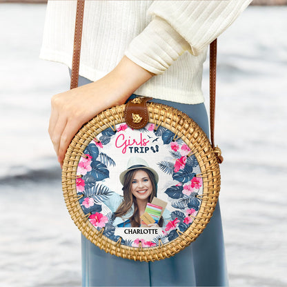 Custom Photo Just Beachy Vacation Mode On - Gift For Her, Travel Lovers - Personalized Custom Round Rattan Bag
