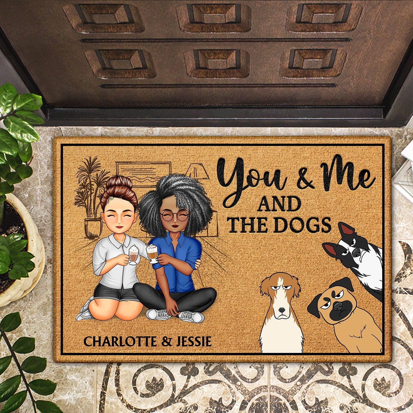 You And Me And The Dogs - Home Decor For Family, Couples, Pet Lovers - Personalized Doormat