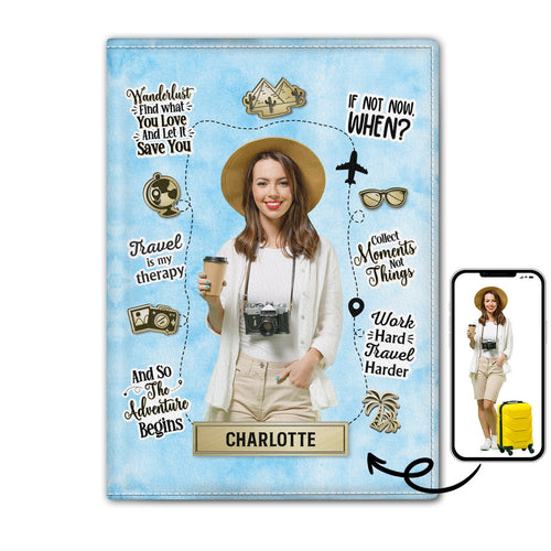 Custom Photo Work Hard Travel Harder - Birthday Gift For Him, Her, Traveling, Vacation Lovers - Personalized Passport Cover, Passport Holder