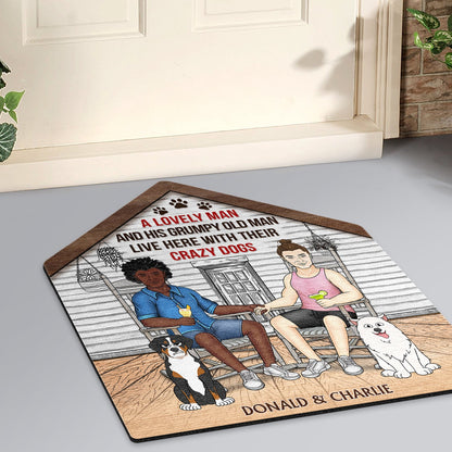 A Lovely Lady And Her Grumpy Old Man Live Here With Their Crazy Dogs - Gift For Couples, Pet Lovers And Family - Personalized Custom Shaped Doormat