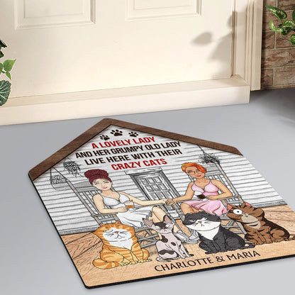 A Lovely Lady And Her Grumpy Old Man Live Here With Their Crazy Cats - Gift For Couples, Pet Lovers And Family - Personalized Custom Shaped Doormat