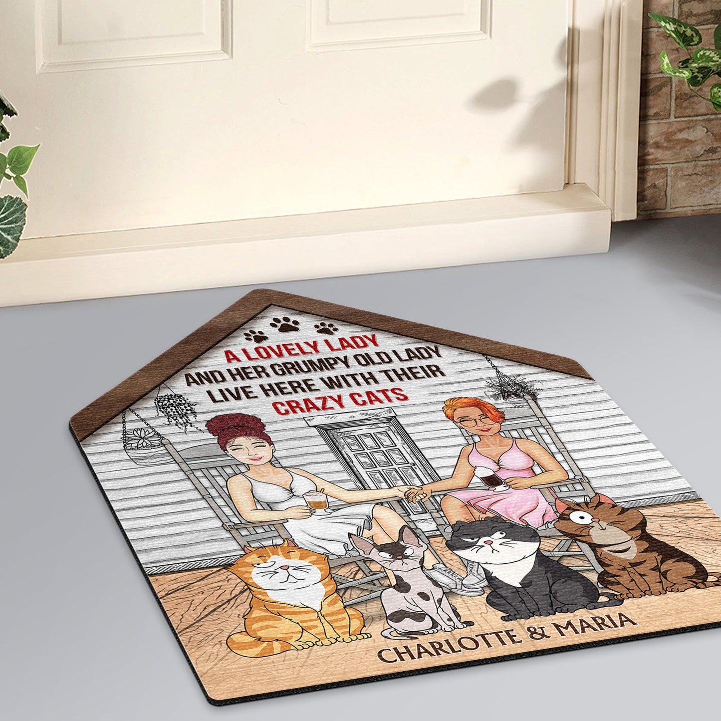 A Lovely Lady And Her Grumpy Old Man Live Here With Their Crazy Cats - Gift For Couples, Pet Lovers And Family - Personalized Custom Shaped Doormat