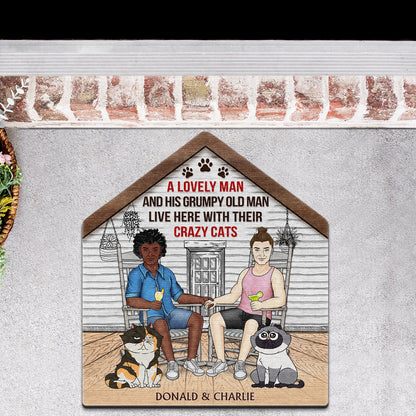 A Lovely Lady And Her Grumpy Old Man Live Here With Their Crazy Cats - Gift For Couples, Pet Lovers And Family - Personalized Custom Shaped Doormat
