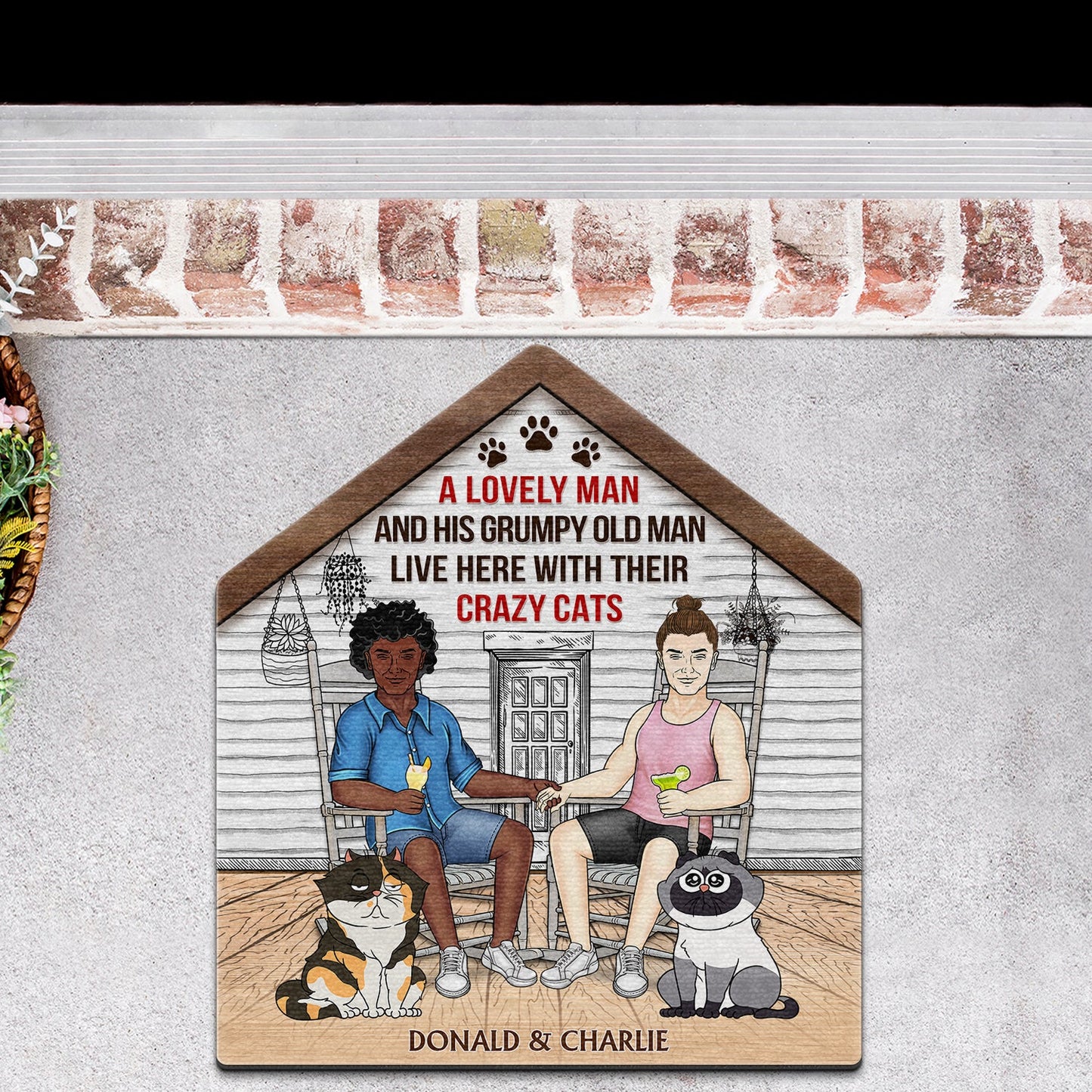 A Lovely Lady And Her Grumpy Old Man Live Here With Their Crazy Cats - Gift For Couples, Pet Lovers And Family - Personalized Custom Shaped Doormat