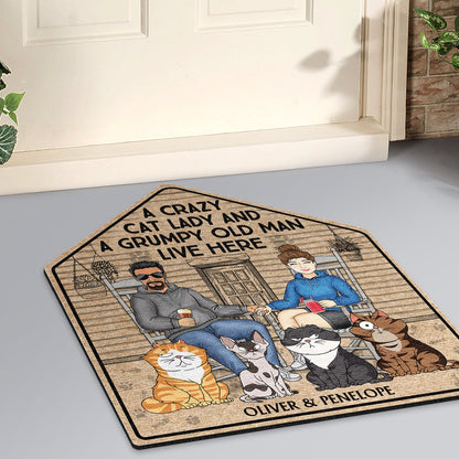 A Crazy Cat Lady And Her Grumpy Old Man Live Here - Gift For Couples, Pet Lovers And Family - Personalized Custom Shaped Doormat