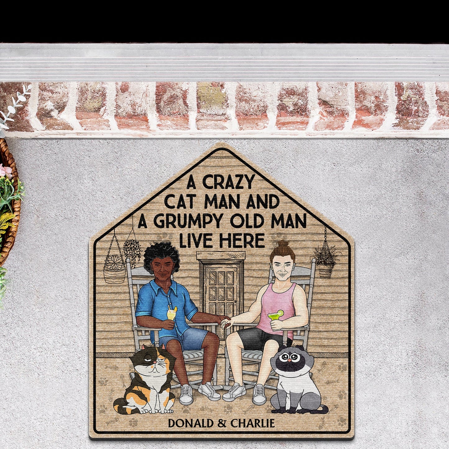 A Crazy Cat Lady And Her Grumpy Old Man Live Here - Gift For Couples, Pet Lovers And Family - Personalized Custom Shaped Doormat