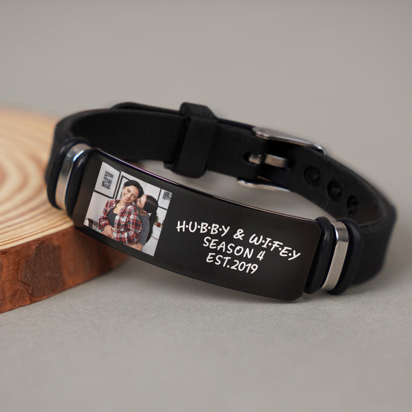 Custom Photo Hubby And Wifey - Birthday, Anniversary Gift For Spouse, Husband, Wife, Couple - Personalized Engraved Bracelet