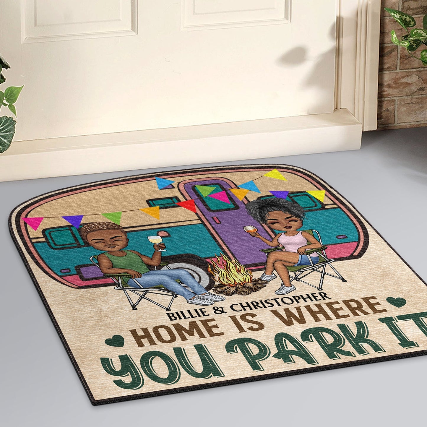 Happy Camper - Gift For Camping Couples - Personalized Custom Shaped Doormat