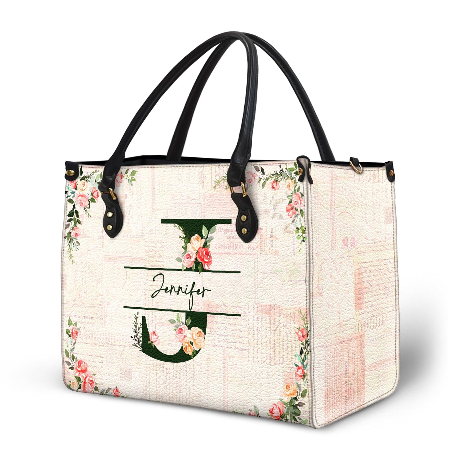 Floral Monogram Name - Gift For Her - Personalized Leather Bag