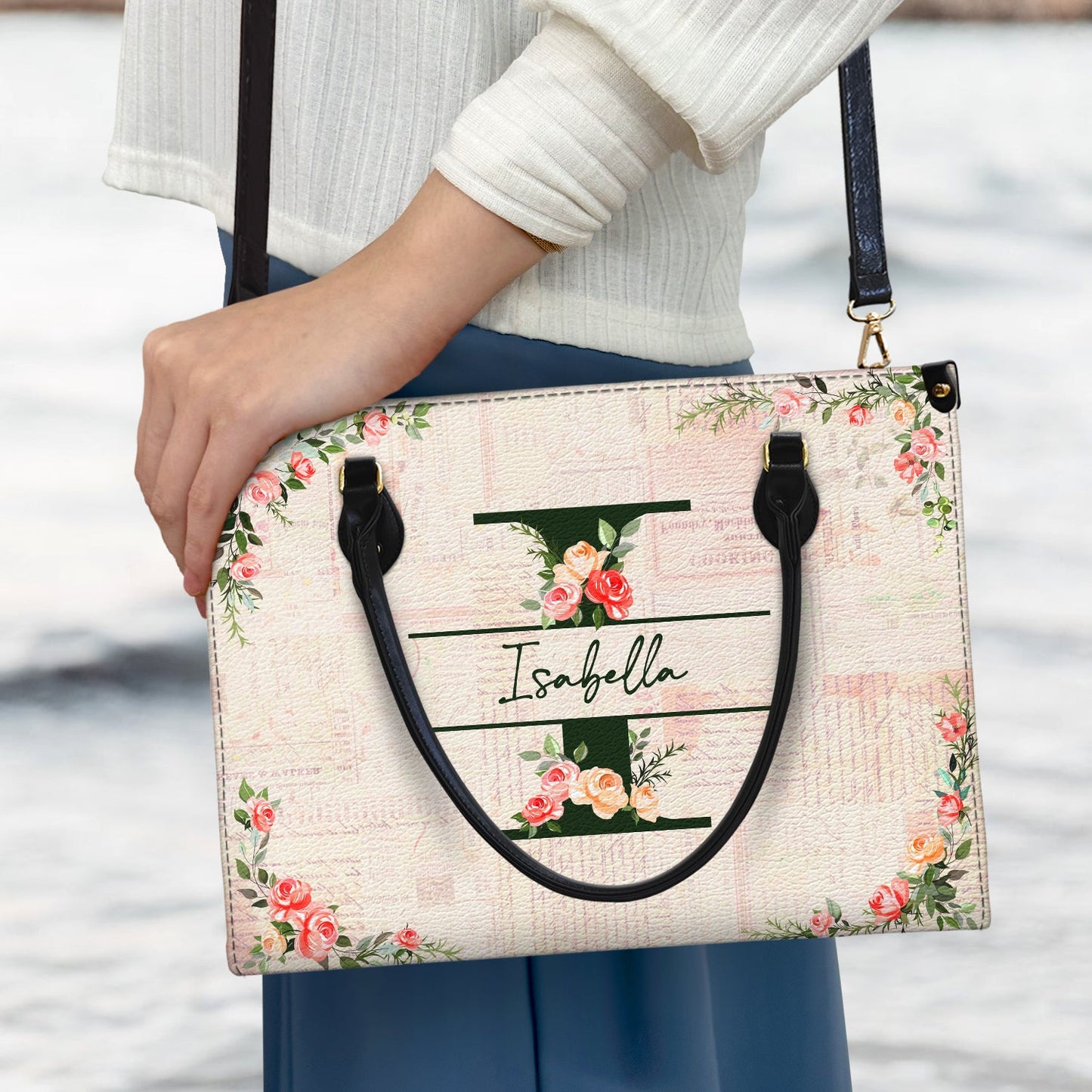 Floral Monogram Name - Gift For Her - Personalized Leather Bag