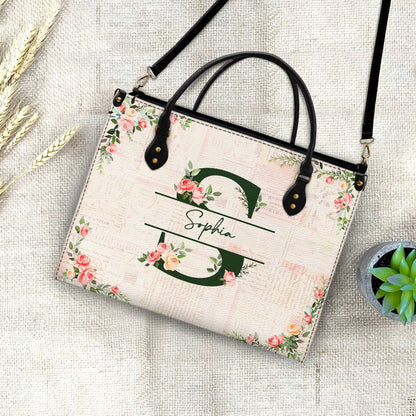 Floral Monogram Name - Gift For Her - Personalized Leather Bag