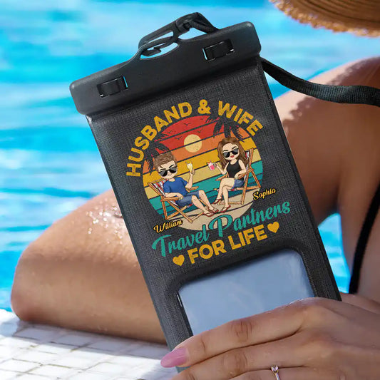 Husband And Wife Travel Partners For Life Beach Traveling Couple - Personalized Waterproof Phone Pouch