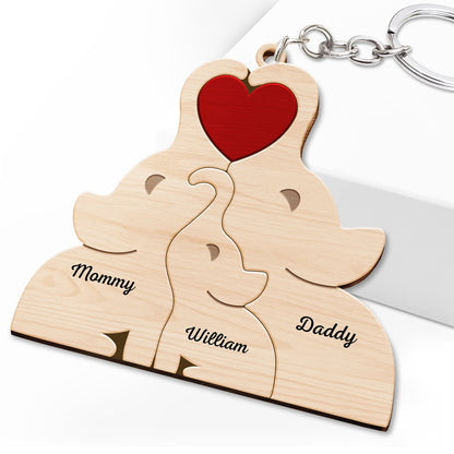 Love Elephant Family - Gift For Mother, Father, Family - Personalized Wooden Keychain