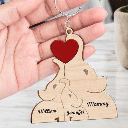 Love Elephant Family - Gift For Mother, Father, Family - Personalized Wooden Keychain