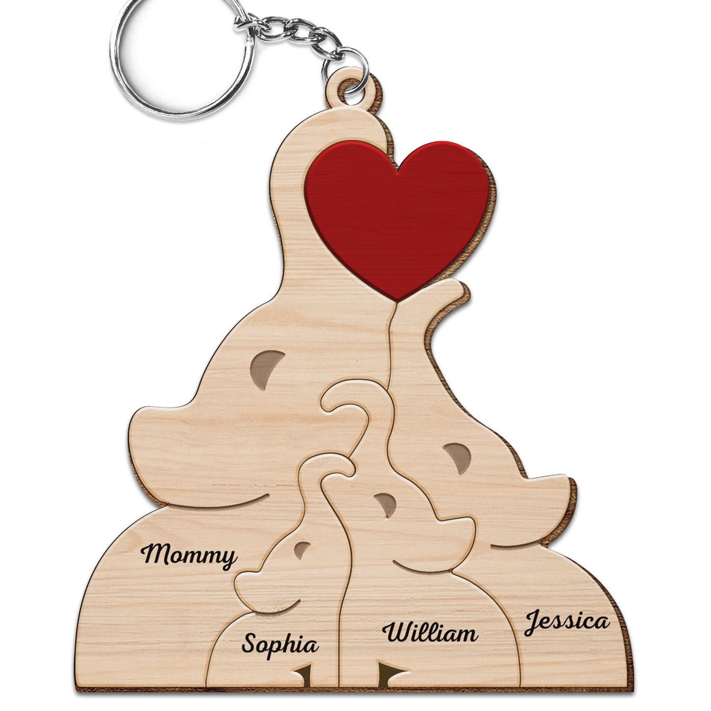 Love Elephant Family - Gift For Mother, Father, Family - Personalized Wooden Keychain