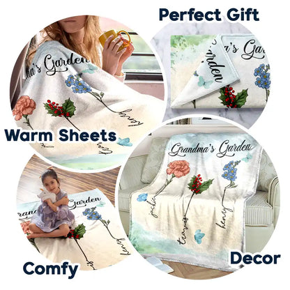 Grandma Nana's Garden Birth Month Flower - Personalized Fleece Blanket, Sherpa Blanket