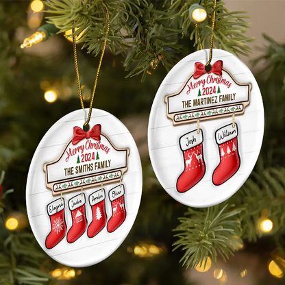 Family Red Sock Stocking Merry Christmas 2024 - 3D Inflated Effect Printed Personalized Circle Acrylic Ornament